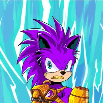 The image shows a stylized purple hedgehog character with spiky fur, large cyan eyes, and golden gauntlets, set against a swirling blue background. This character relates to the post's NFT giveaway, which promotes a collection of 7,971 "Hedgies" on the RobinHood chain, serving as a visual mascot for the sonic-themed hedgehog airdrop.