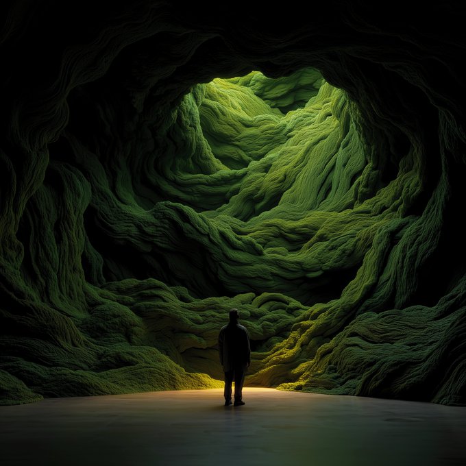 A silhouetted figure standing inside a cave opening, looking out at a lush, vibrant green moss-covered interior illuminated by soft light.