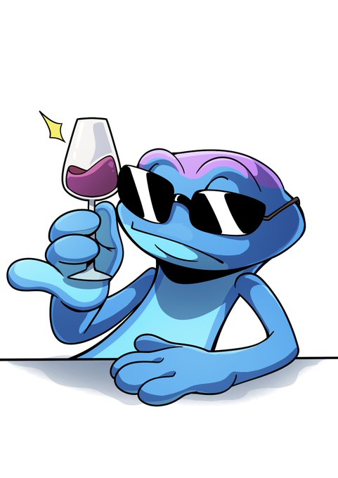 A cartoon blue frog wearing sunglasses, leaning casually and holding up a glass of red wine with a sparkle effect.