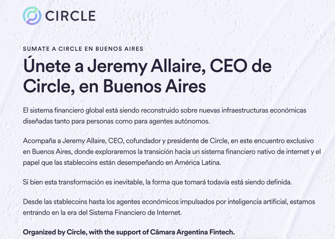 An event invitation from Circle featuring text "SUMATE A CIRCLE EN BUENOS AIRES" and "Únete a Jeremy Allaire, CEO de Circle, en Buenos Aires," describing an exclusive event about stablecoins and the transition to an internet-native financial system, organized with the support of Cámara Argentina Fintech.