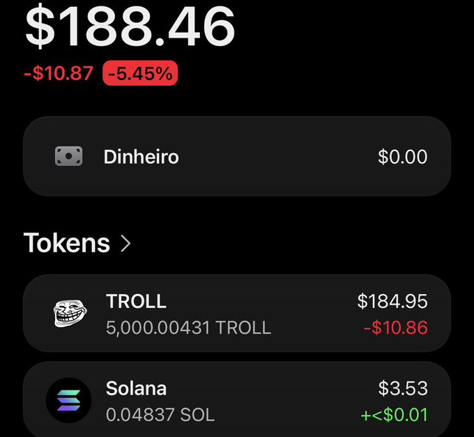 A crypto wallet balance screen showing a total of $188.46 (down -5.45%), with holdings in TROLL ($184.95), Solana ($3.53), and a zero-balance 'Dinheiro' asset.