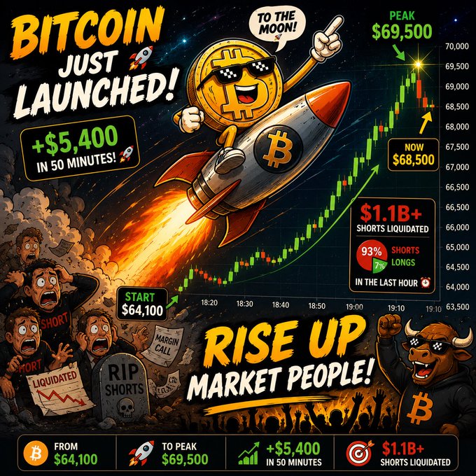 A cartoon-style infographic showing Bitcoin's price surge with a rocket, displaying "BITCOIN JUST LAUNCHED!", a +$5,400 gain in 50 minutes, peak of $69,500, and $1.1B+ shorts liquidated.