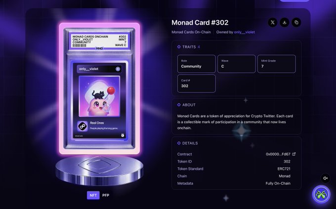 The image displays "Monad Card #302," an NFT on the Monad blockchain, owned by "only___violet," with traits including "Community" and a Mini Grade of 7, tied to the Crypto Twitter community. It aligns with the post's mention of on-chain cards offering airdrops, congratulating "violet" on receiving this collectible token of appreciation.
