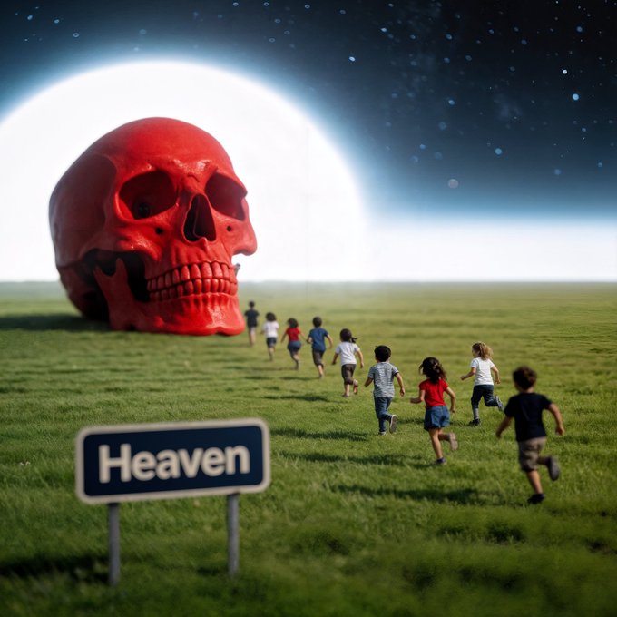 A surreal scene showing children running across a green field toward a giant red skull under a large white moon, with a road sign in the foreground reading 'Heaven'.