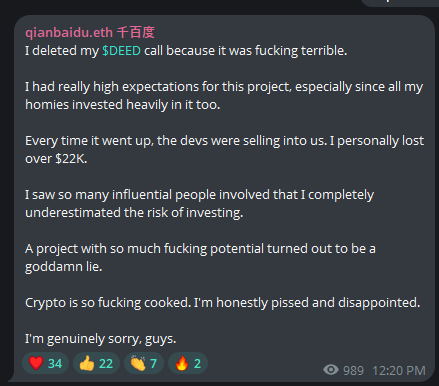 A Discord message from 'qianbaidu.eth' deleting their $DEED call, expressing disappointment that they personally lost over $22K and criticizing the project's developers for selling into the market.