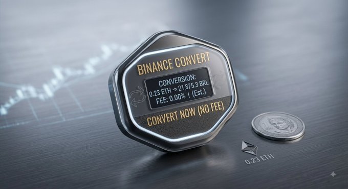 A promotional 3D render of a metallic hexagonal 'BINANCE CONVERT' device displaying a conversion of 0.23 ETH to 21,875.3 BRL with 0.00% fee, shown next to an Ethereum coin.