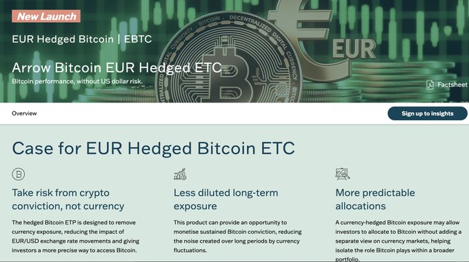 A promotional banner for the newly launched "Arrow Bitcoin EUR Hedged ETC" (EBTC) by HANetf, highlighting its benefits including reduced crypto conviction risk, less diluted long-term exposure, and more predictable allocations through euro-denominated Bitcoin exposure. The image directly relates to the announcement, showcasing the product's branding and key value propositions for European investors seeking currency-hedged Bitcoin access.