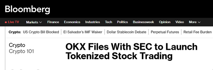 A Bloomberg news webpage featuring 'OKX Files With SEC to Launch Tokenized Stock Trading' under the Crypto 101 section, with navigation tabs for Finance, Economics, and Industries.