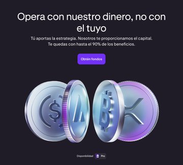 Kraken's new "Kraken Prop" funded trading program is advertised with the Spanish headline "Opera con nuestro dinero, no con el tuyo" (Trade with our money, not yours), offering up to 90% of profits, accompanied by 3D-rendered crypto coins. The promotional image aligns with the post's announcement of Kraken's entry into the funded accounts space via a $20 evaluation-based simulated trading product integrated into Kraken Pro.