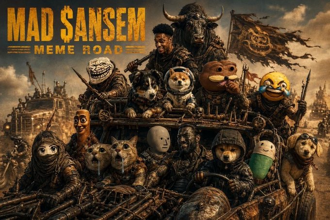 A meme poster titled 'MAD $ANSEM MEME ROAD' depicting various internet meme characters styled as warriors in a Mad Max-style post-apocalyptic scene.