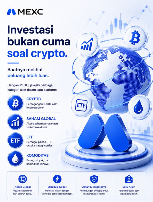MEXC advertisement in Indonesian reading 'Investasi bukan cuma soal crypto', highlighting global stocks, ETFs, and commodities as investment options beyond crypto.