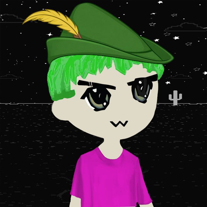 A cartoon character with green hair, a feathered green cap, and a magenta shirt stands against a starry night desert backdrop, embodying the playful "Retardios Hood" NFT persona featured in the free mint giveaway post.