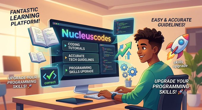 A colorful promotional graphic for "Nucleuscodes," an online learning platform offering coding tutorials and programming skill upgrades, showing a young person at a computer.
