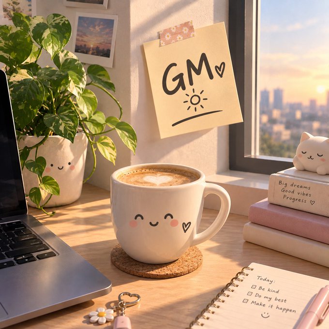 Cute, kawaii-style illustration of a coffee mug with a smiling face on a desk, accompanied by a plant, laptop, 'GM' sticky note, and a to-do list.
