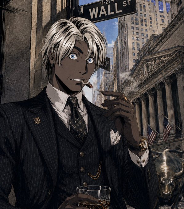 An anime-style illustration of a white-haired man in a pinstripe suit and tie smoking a cigar, standing on Wall Street with a charging bull statue visible behind him.