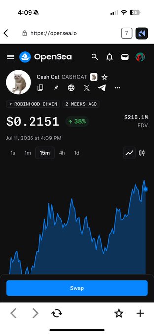 The image shows a mobile screenshot of the OpenSea marketplace displaying the Cash Cat ($CASHCAT) token page, currently priced at $0.2151 (up 38%) with a $215.1M fully diluted valuation (FDV), illustrating the token's recent bullish price action mentioned in the post about flipping The Black Bull.