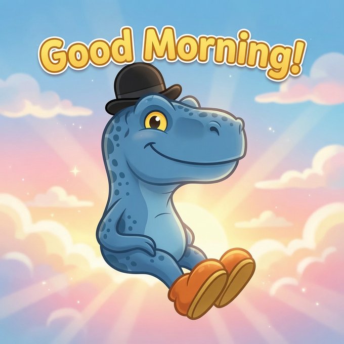 A cartoon illustration of a friendly blue dinosaur wearing a small black bowler hat, sitting with crossed legs against a bright sunrise sky with pastel clouds, with the text 'Good Morning!' displayed above.