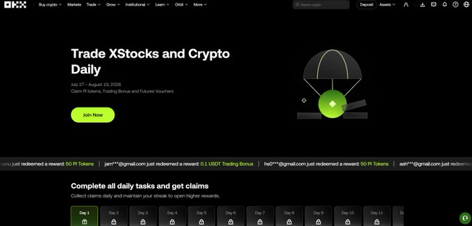 A screenshot of the OKX cryptocurrency website homepage, promoting a 'Trade XStocks and Crypto Daily' event with a 'Join Now' button and a green mascot wearing a black beanie.