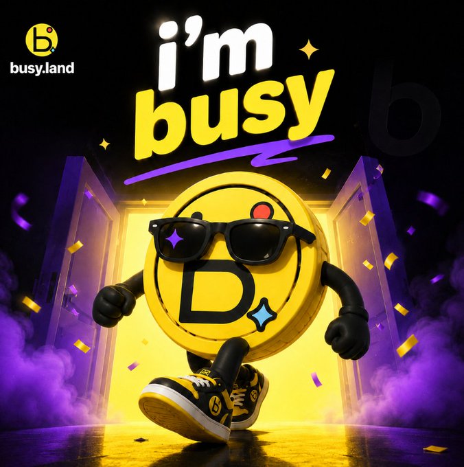 A stylized yellow coin character wearing sunglasses and sneakers bursts through illuminated doors with purple smoke and confetti, beneath the text "i'm busy" and the "busy.land" logo—visually echoing the $BUSY coin's confident arrival described in the caption.