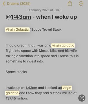A screenshot of an Apple Notes app entry titled 'Dreams (2025)' dated 3 February 2025 at 01:46, describing a dream about Virgin Galactic and Moses Bliss's space flight with the stock valued at 137.45 million.