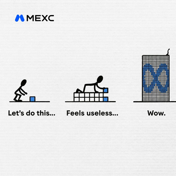 This MEXC meme humorously depicts the journey from initial enthusiasm ("Let's do this...") to feeling unproductive ("Feels useless...") and finally achieving an impressive result ("Wow."). The image illustrates that persistent effort, even when it feels insignificant, can lead to remarkable outcomes.
