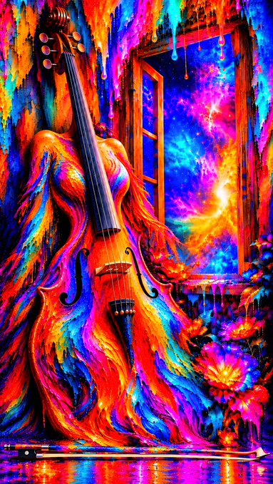 A vibrant, psychedelic digital artwork depicting a cello merging with a female figure in flowing colorful dress, set against a backdrop of an open window revealing a cosmic galaxy and flowers.