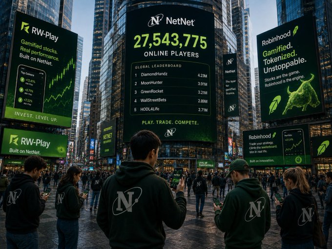 A bustling city square filled with people wearing NetNet hoodies, looking up at massive digital billboards displaying 'NetNet' branding, a global leaderboard with 27,543,775 online players, and advertisements for 'RW-Play' and 'Robinhood' promoting gamified stocks.
