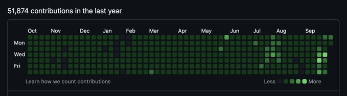 A GitHub-style contribution heatmap titled '51,874 contributions in the last year' displaying a calendar grid with green squares indicating activity from October through September.