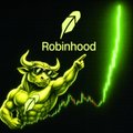 A glowing green "Robinhood" text logo appears above a muscular bull flexing with a green candlestick chart in the background, visually representing the post's message of Robinhood's native casino-style trading platform.