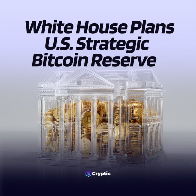 A graphic titled "White House Plans U.S. Strategic Bitcoin Reserve" featuring a wireframe illustration of the White House filled with gold Bitcoin coins, visually symbolizing the U.S. government's efforts to establish a formal Bitcoin reserve as referenced in the accompanying post about ongoing legal and interagency reviews.
