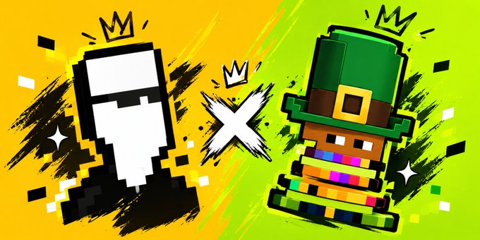 Pixel art graphic on a split yellow and green background showing a white toilet wearing a crown on the left, an 'X' in the middle, and a pixel character wearing a green leprechaun hat and a rainbow scarf on the right, both with crown icons.