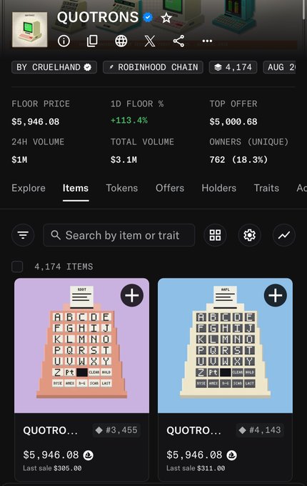 The image shows a marketplace listing for the "QUOTRONS" NFT collection on the Robinhood Chain, with a floor price of $5,946.08 and 24-hour volume of $1M, supporting the post's claim that these retro-styled vintage computer NFTs are priced near $6,000 each.