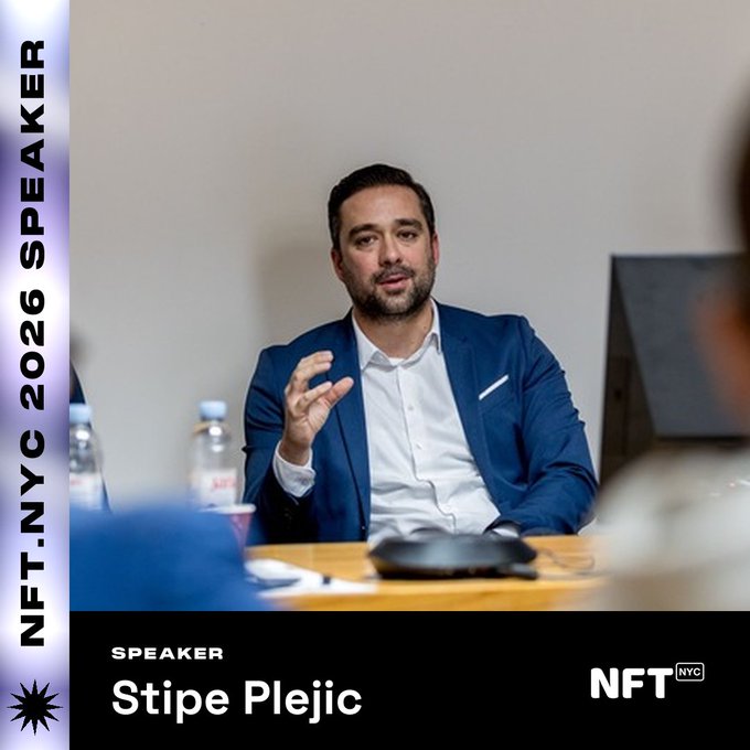 Promotional graphic for NFT.NYC 2026 featuring speaker Stipe Plejic in a blue suit gesturing while seated at a table with a laptop and water bottle.