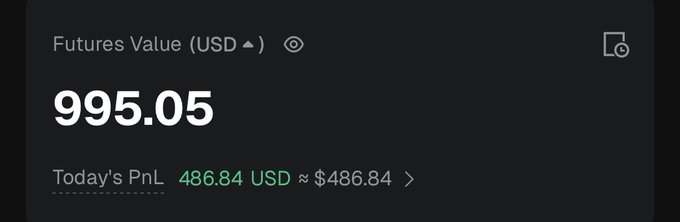 The image shows a screenshot of a trading app that displays the current value of a trade at $9995.05. The text "Futures Value" is also present, indicating the type of investment being tracked. The app's interface features a green checkmark symbolizing a successful trade, and it appears to be in good condition with no visible damage or scratches.