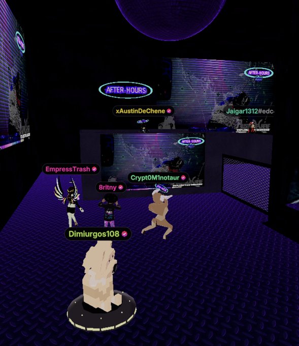 A screenshot from a virtual 3D world shows avatars with usernames like 'xAustinDeChene', 'Jalgari1312#edc', 'EmpressTrash', '8ritny', 'CryptoM1notaur', and 'Dimiurgos108' gathered in a neon-lit venue with 'AFTER-HOURS' neon signs.