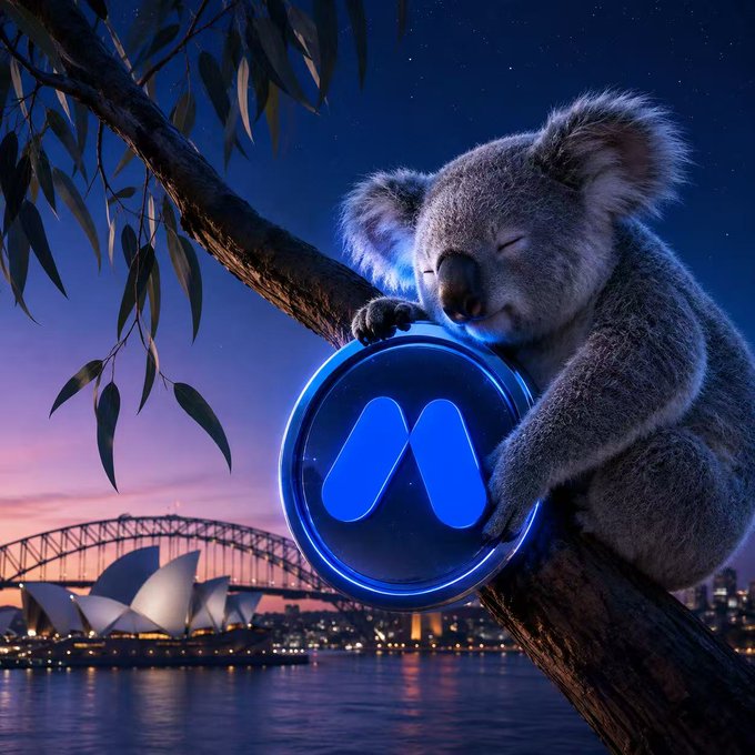 A koala sleeps peacefully on a tree branch while hugging a glowing blue cryptocurrency-style token, with the Sydney Opera House and Harbour Bridge visible against a twilight skyline in the background. The serene "bullish" koala cuddling its coin visually echoes the post's "Green candles loading?" sentiment, suggesting positive crypto momentum ahead.