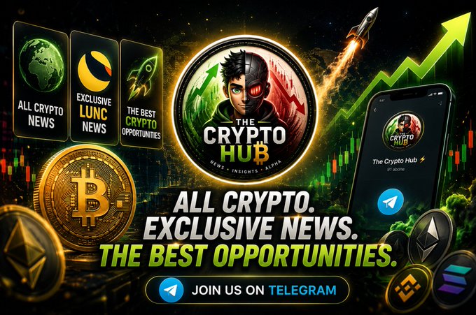 The image is a promotional graphic for "The Crypto Hub" Telegram channel, featuring a central logo with a cyberpunk-style character, surrounded by Bitcoin and Ethereum coins, a rocket launching upward, and a rising green chart. Three card panels on the left highlight "All Crypto News," "Exclusive LUNC News," and "The Best Crypto Opportunities," with a call-to-action "Join Us On Telegram" button at the bottom—visually reinforcing the post's pitch to join for timely Bitcoin, altcoin, and LUNC updates.
