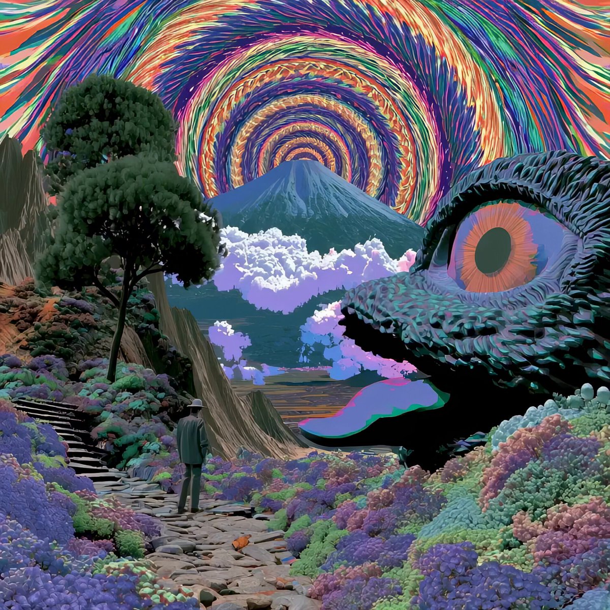 A small figure in a hat walks a stone path through lush purple and green foliage toward a distant mountain, confronted by the enormous watchful eye of a surreal creature and a swirling psychedelic sky overhead—visually embodying the overwhelming awe and intimate "I feel it" of standing before something far larger than oneself.