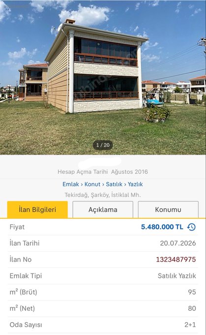 The image shows a Turkish real estate listing screenshot for a house for sale — a 2+1 room summerhouse (Yazlık) in Tekirdağ, Şarköy, listed at 5,480,000 TL with 95 m² gross and 80 m² net area, listing No. 132348975, dated 20.07.2026.

The connection to the post "I'll buy 2 Bitcoins" is ironic or satirical: the user is likely pointing out the absurdity of spending roughly 5.48 million lira on a modest summerhouse, suggesting that two bitcoins might be a more worthwhile (or comparably priced) investment than this property.
