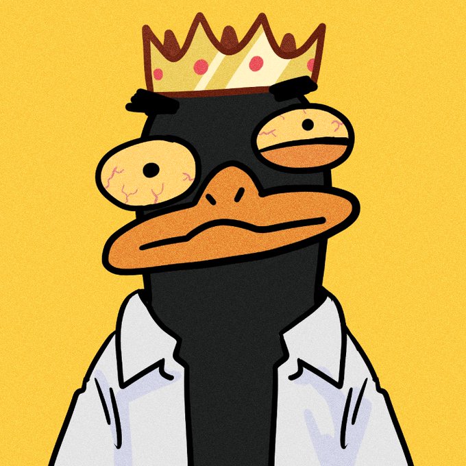 A cartoon illustration of a black duck-like character with wide, bloodshot eyes, wearing a yellow crown and a white collared shirt against a yellow background.