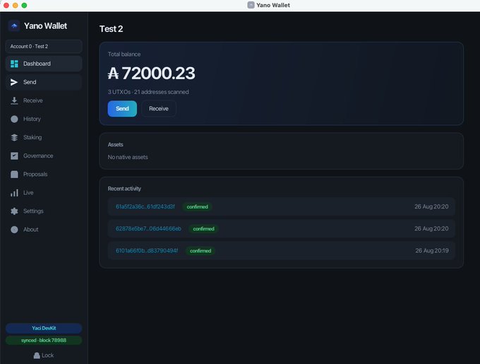 A screenshot of the Yano Wallet cryptocurrency application showing a total balance of ₳72000.23 across 3 UTXOs and 21 addresses scanned, with recent confirmed transaction activity.