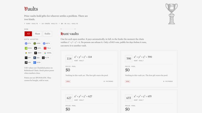 A webpage interface titled 'Vaults' explaining prize vaults that pay automatically to the finder based on solving mathematical equations like x⁵ + y³ + z² = 114, 390, 627, or 655.