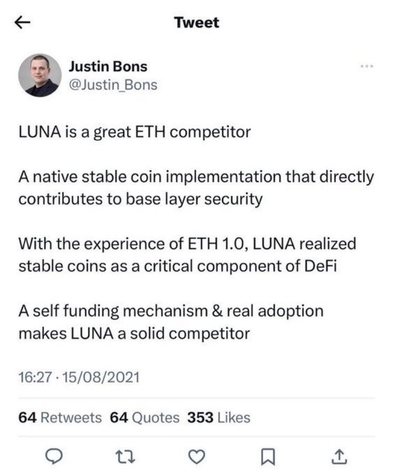 Tweet by Justin Bons (@Justin_Bons) from 15/08/2021 stating 'LUNA is a great ETH competitor,' praising its native stablecoin implementation and self-funding mechanism, with 64 retweets and 353 likes.