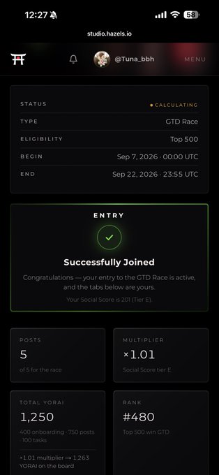 A mobile screenshot of studio.hazes.io showing a 'Successfully Joined' CTD Race entry with rank #480 and 1,250 Total YORAI.