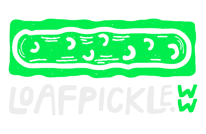 A logo featuring a green pickle illustration with the text 'LOAFPICKLE.W' displayed below in grey and green lettering.