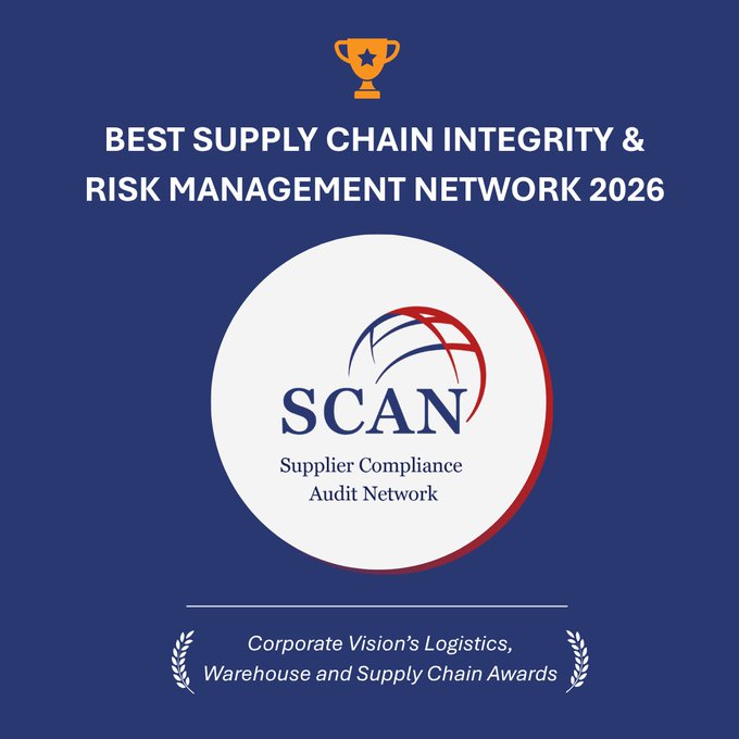 A navy blue award badge featuring a trophy icon and the 'SCAN - Supplier Compliance Audit Network' logo, titled 'Best Supply Chain Integrity & Risk Management Network 2026' from Corporate Vision's Logistics Awards.