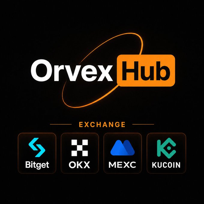 Logo for "Orvex Hub" cryptocurrency exchange platform featuring logos of partner exchanges: Bitget, OKX, MEXC, and KuCOIN.