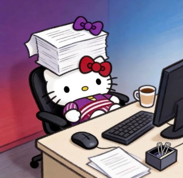 Hello Kitty slumps exhausted in an office chair with a towering stack of paperwork balanced on her head, facing a computer monitor with a coffee cup and scattered documents. The image humorously illustrates the feeling of being overwhelmed by work—much like the challenges of navigating the volatile crypto market and DeFi developments mentioned in the post.
