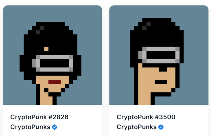 Two CryptoPunk NFT avatars labeled "CryptoPunk #2826" and "CryptoPunk #3500" from the "CryptoPunks" collection, both depicted with dark hair and futuristic visors.