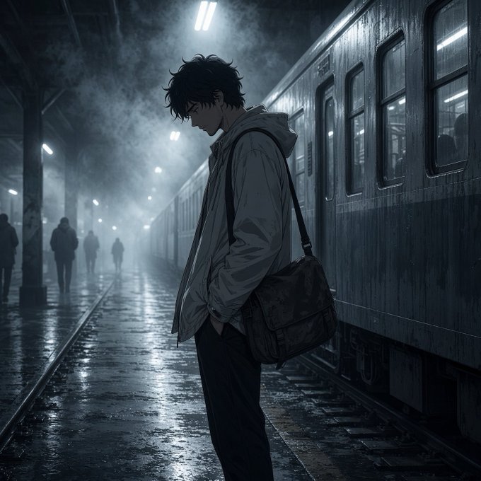 A melancholic anime-style illustration of a young man in a hooded jacket standing on a rainy, foggy train platform with his head bowed and a messenger bag at his side.